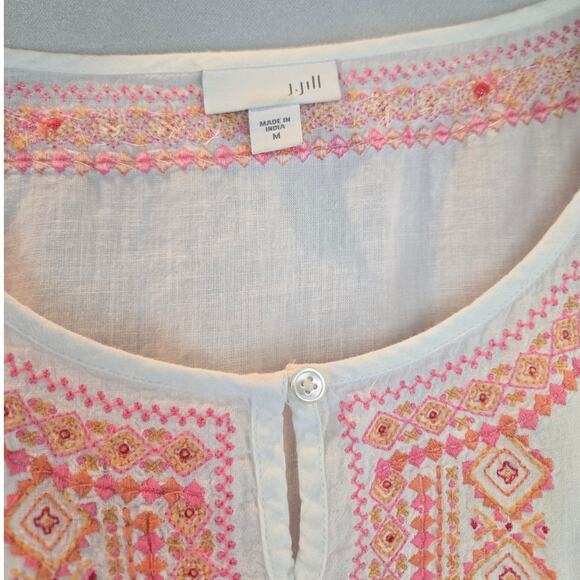 J. Jill White Linen Embroidery Peasant Boho Tunic Top Coastal White Coral Medium - Picture 2 of 7